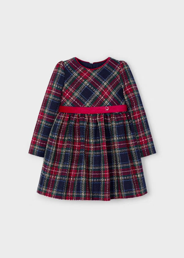 (A) Girl Checked Dress with Velvet Band