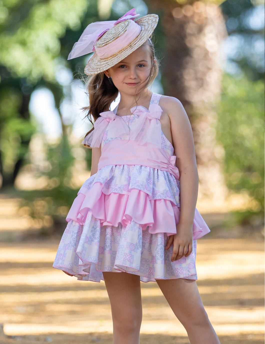 BABINE SS25 - GIRL'S PASTEL TILE PINK & LILAC PRINT DRESS