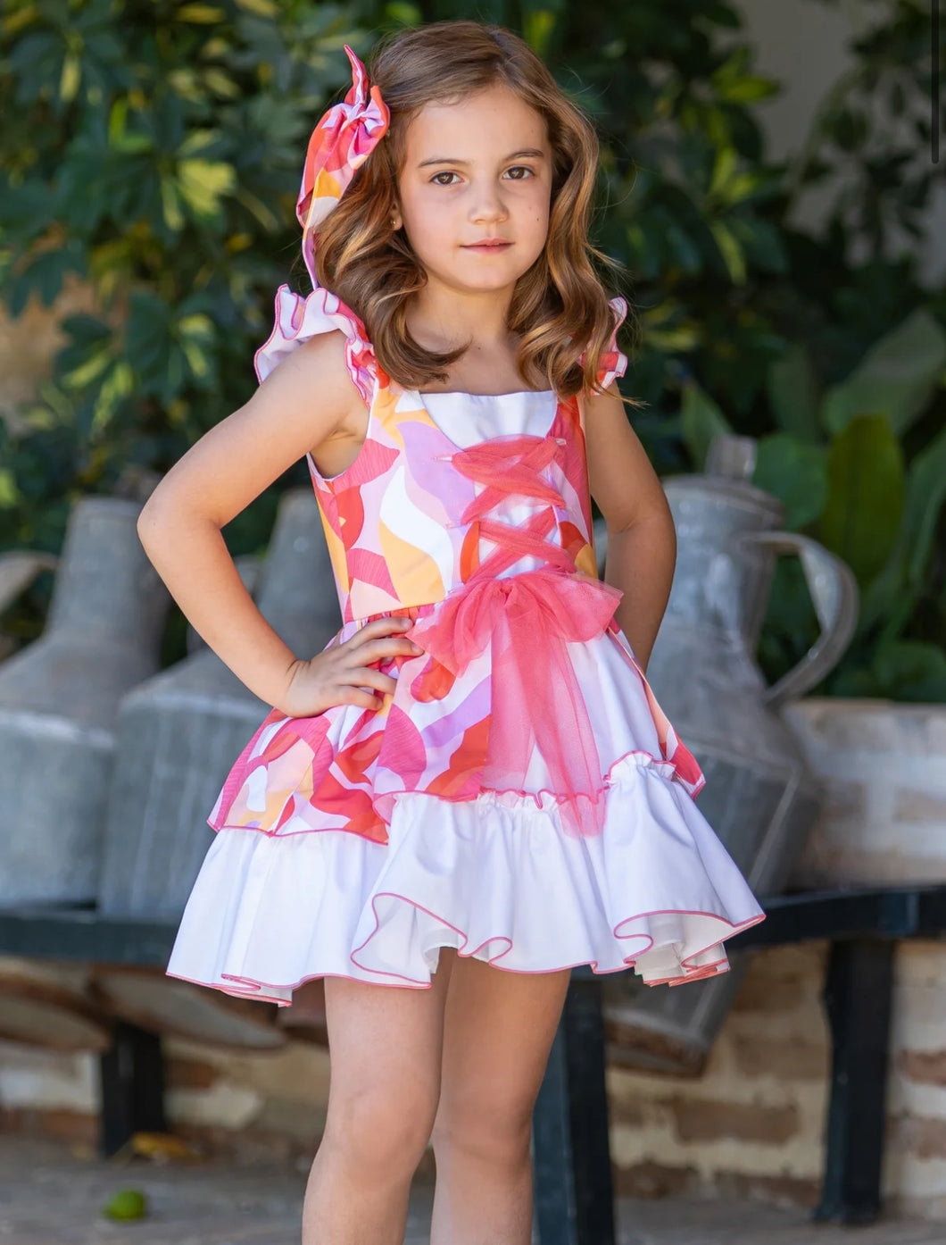 BABINE SS25 - GIRL'S CORAL & ORANGE ABSTRACT PRINT DRESS