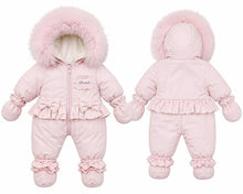 Load image into Gallery viewer, Baby girls fur trimmed ruffle snowsuit
