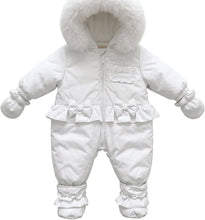 Load image into Gallery viewer, Baby girls fur trimmed ruffle snowsuit
